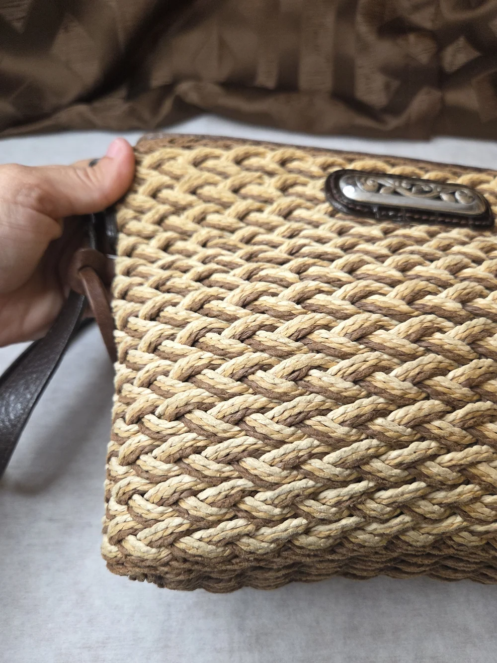 Brighton Woven Straw Crossbody with Brown Trim and Chocolate Strap-See Pictures